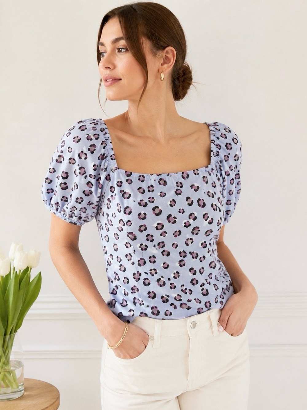 NWT Ann Taylor Blue Leopard Puff Sleeve Top XS